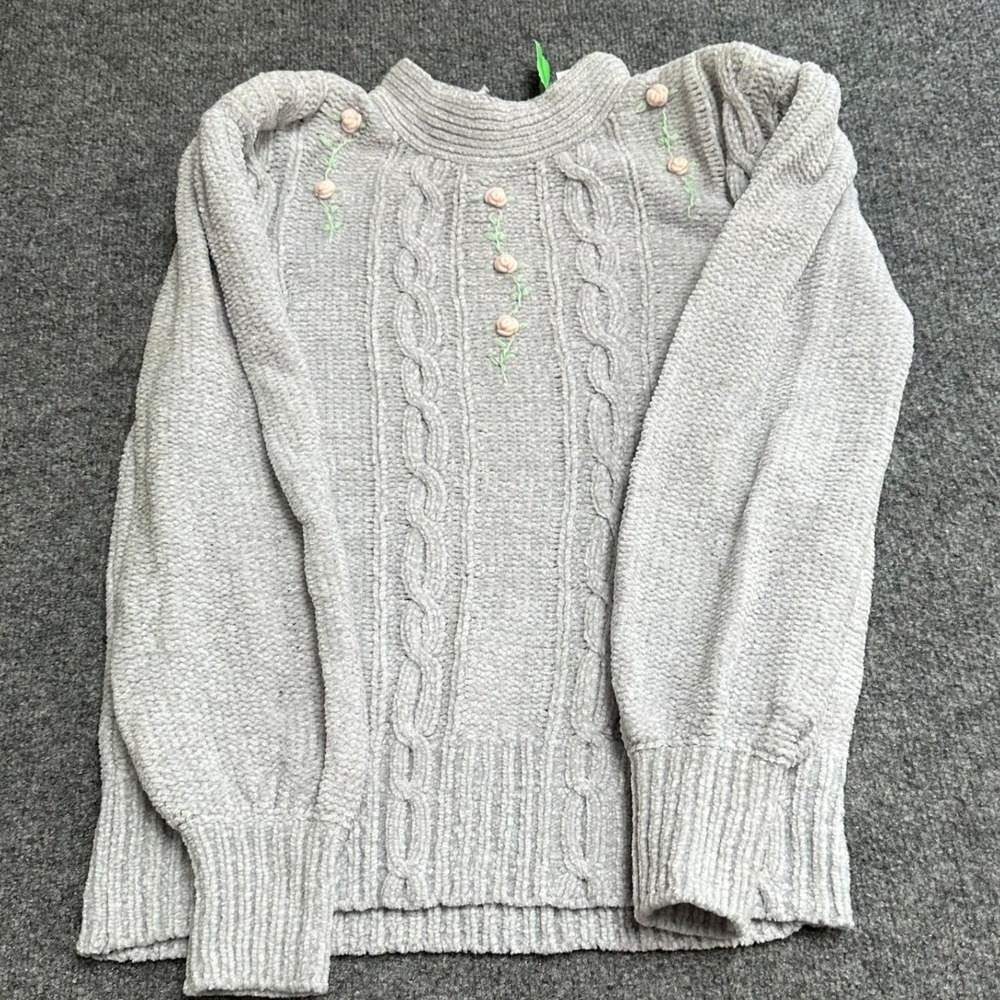 Beldoch Popper Sweater Womens Size L Gray Chenille Cable Knit Floral Embroidered